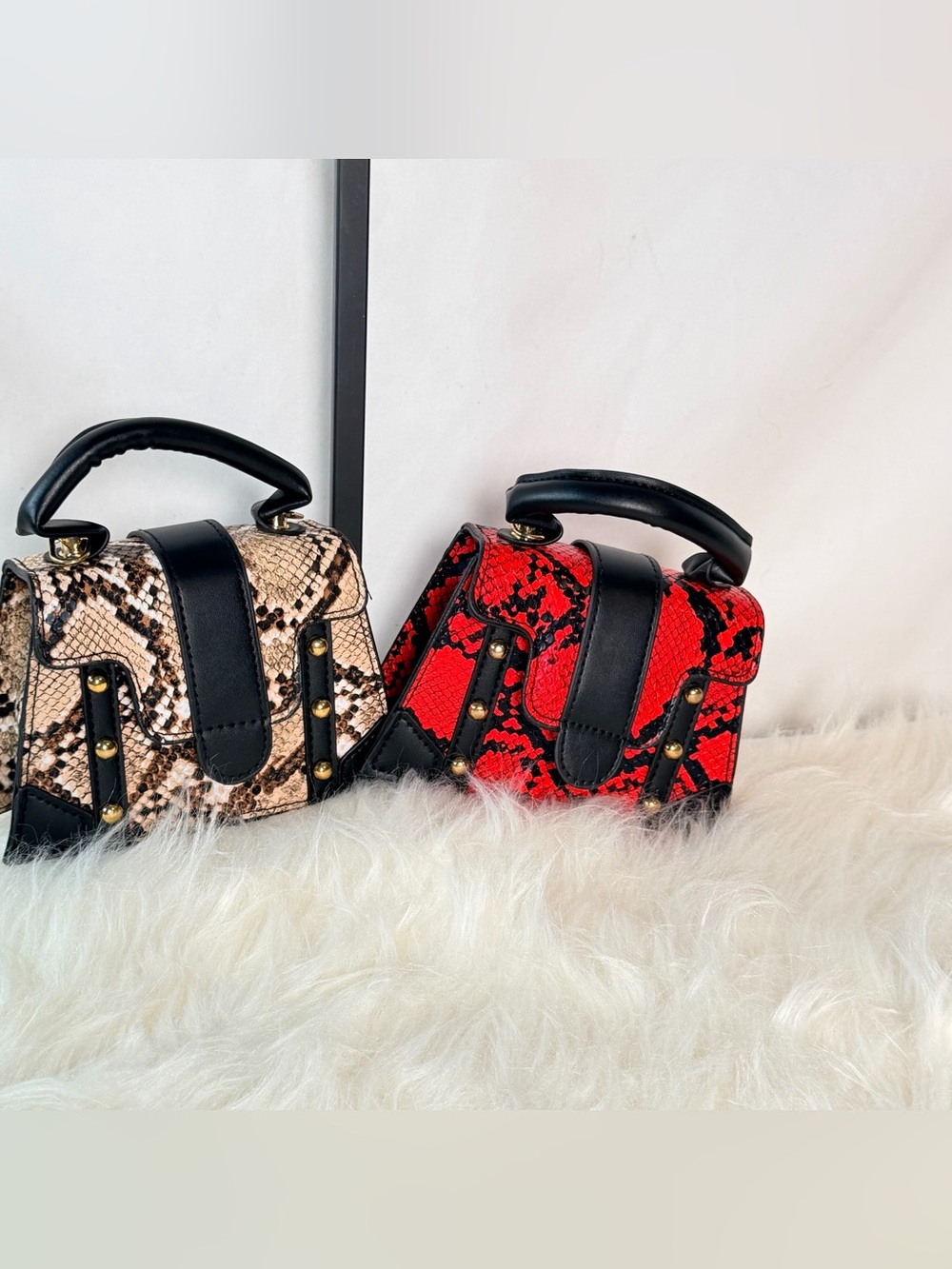 Red Snake-Print Top Handle Bag with Black Trim